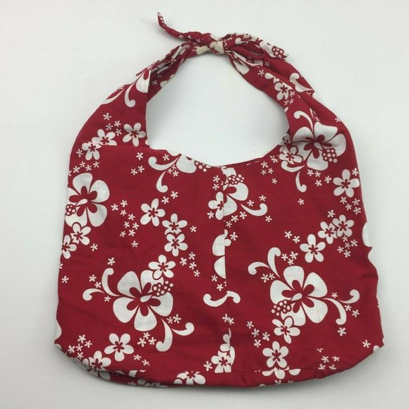 Handmade Red Hawaiian Flower Slouch Mini Tote Bag Boho Knotted Purse Scripture - Picture 3 of 9